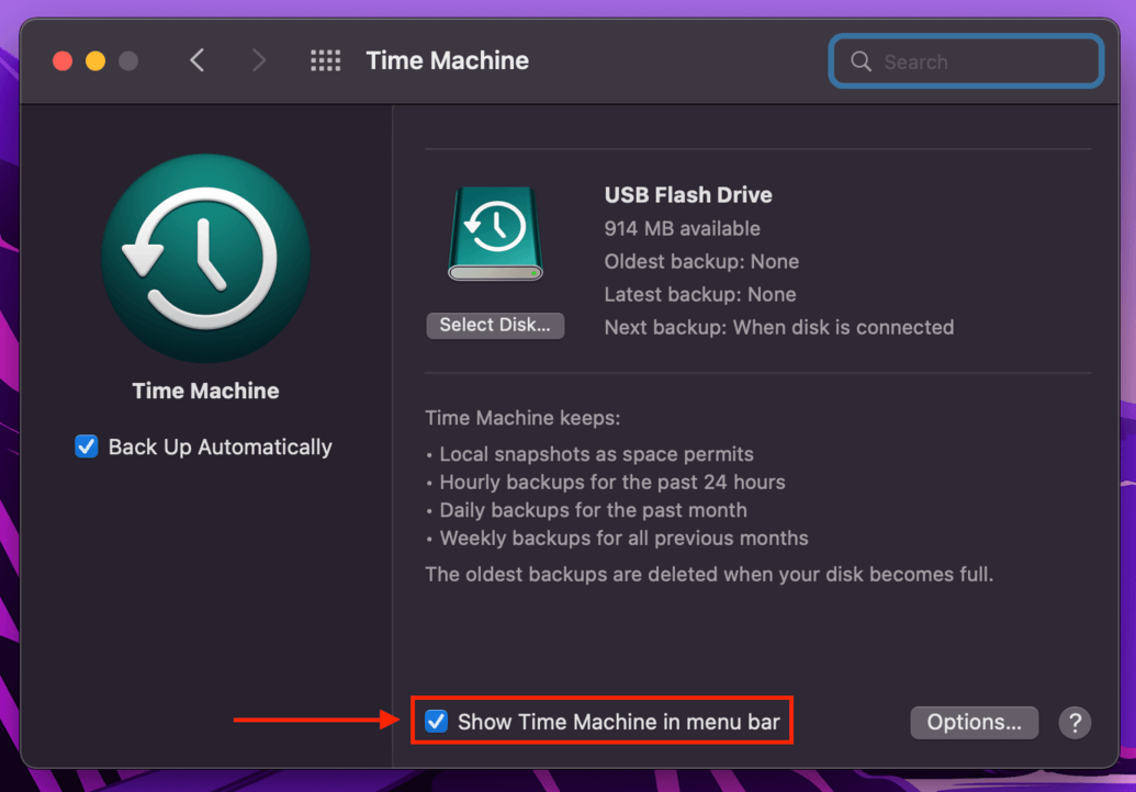 Setting to enable Time Machine button in the menu bar