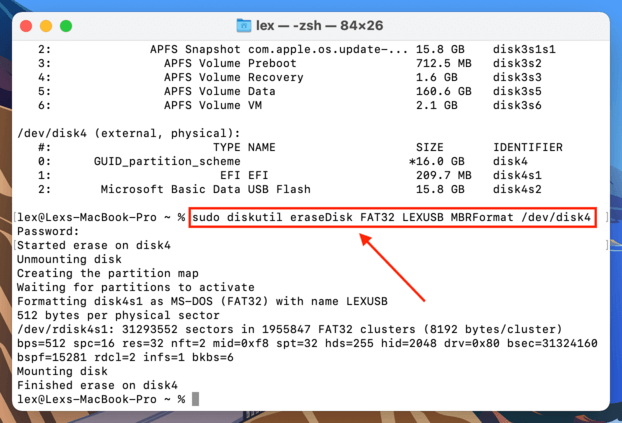 Diskutil eraseDisk command in the Terminal app