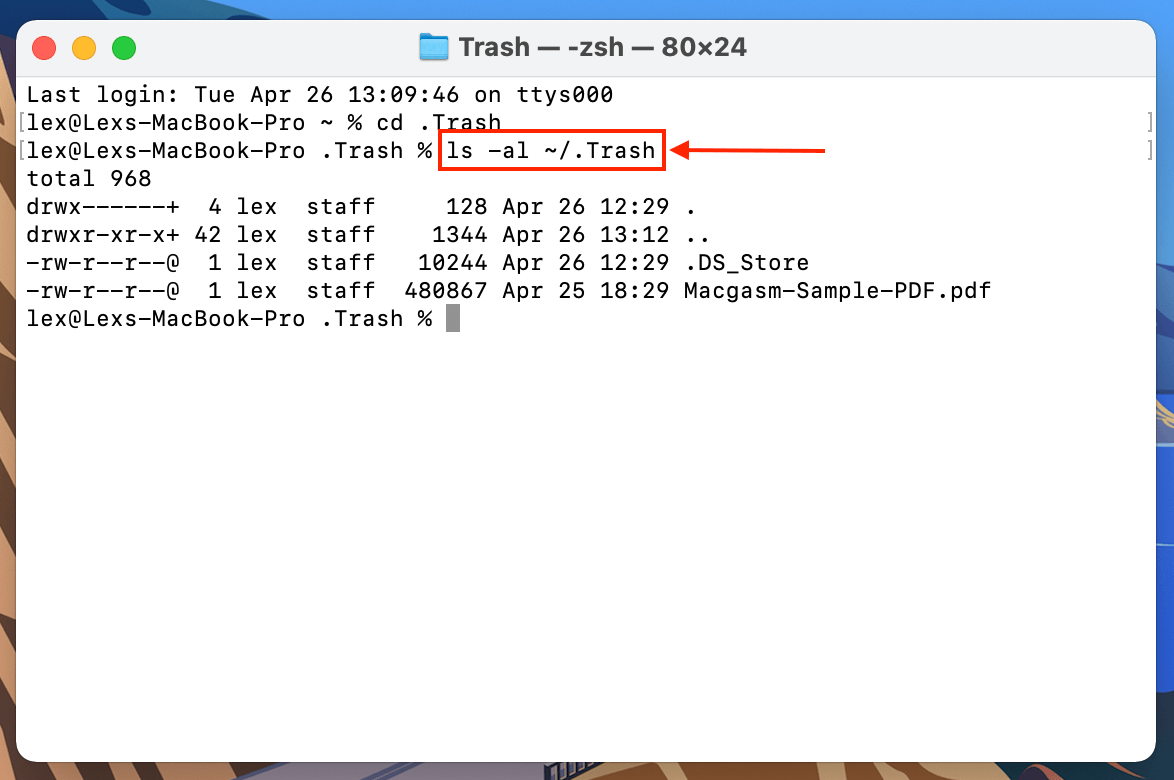 Command to show Trash folder contents in Terminal app