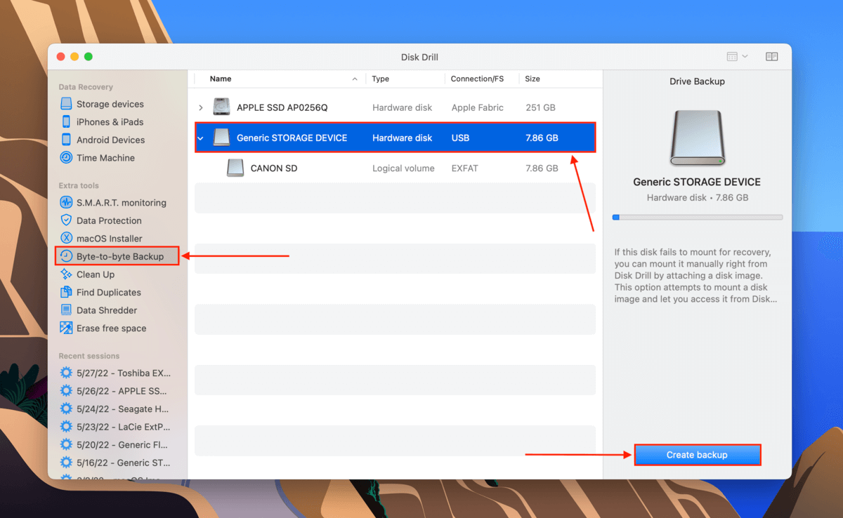 Disk Drill Byte-to-byte backup drive selection