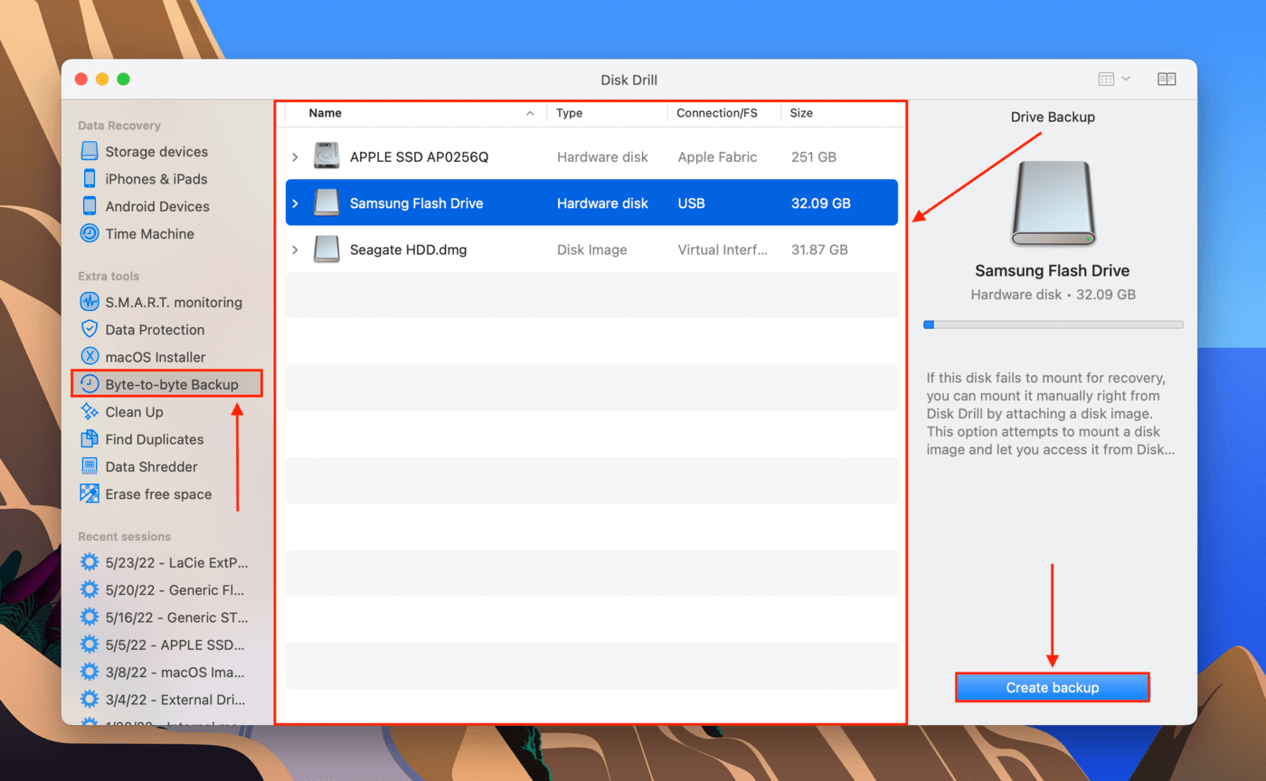 Disk Drill Byte-to-byte backup drive selection screen