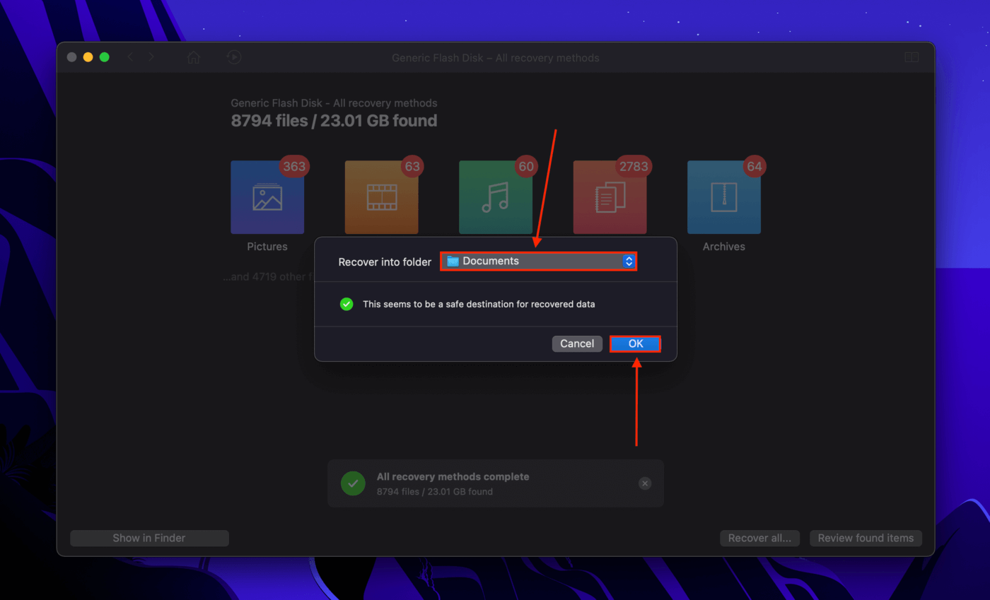 Disk Drill file destination dialogue box