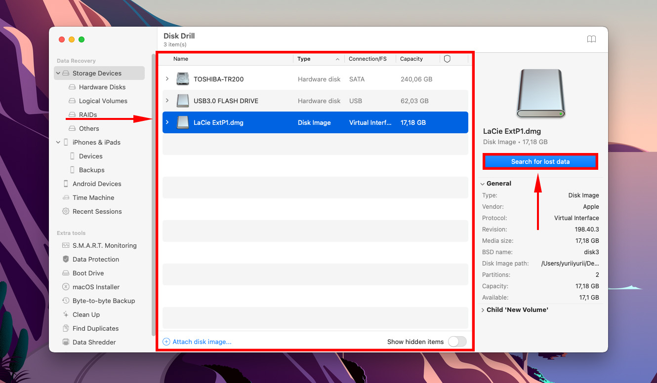 Disk Drill LaCie drive selection screen