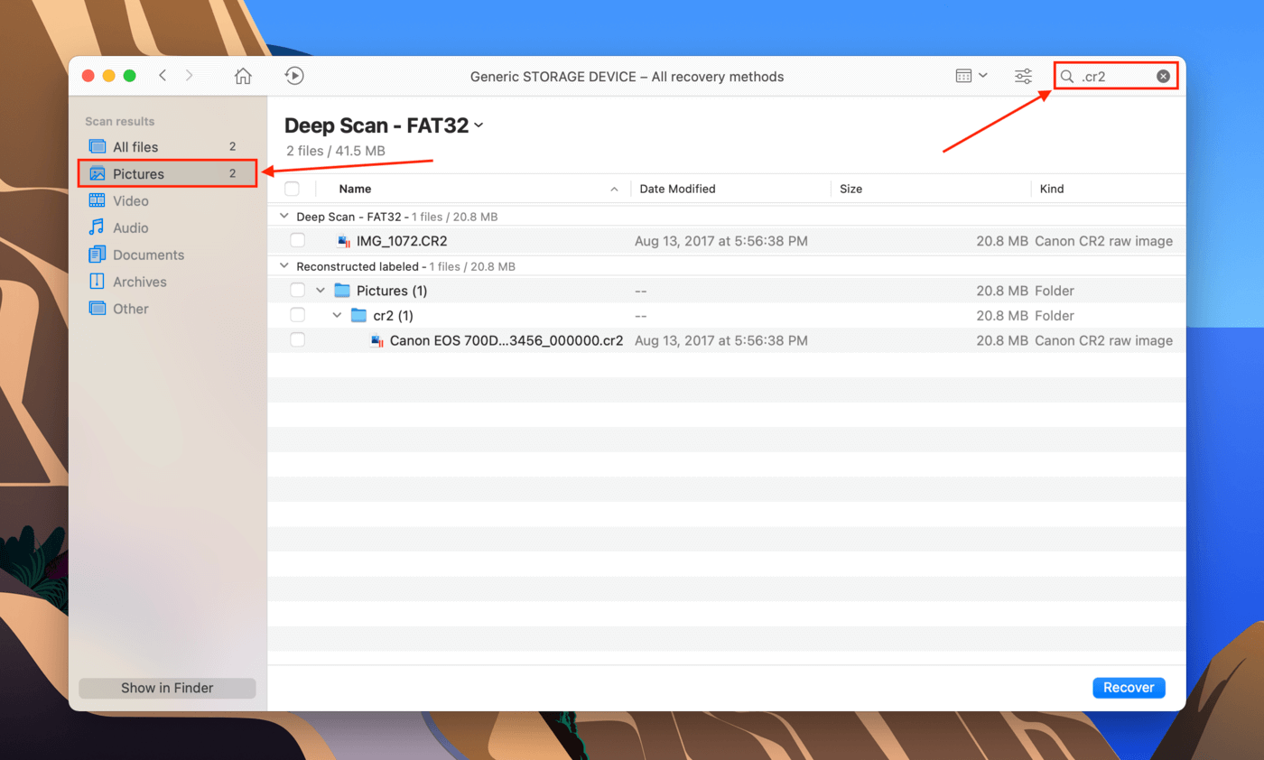 Disk Drill search bar and file type sidebar