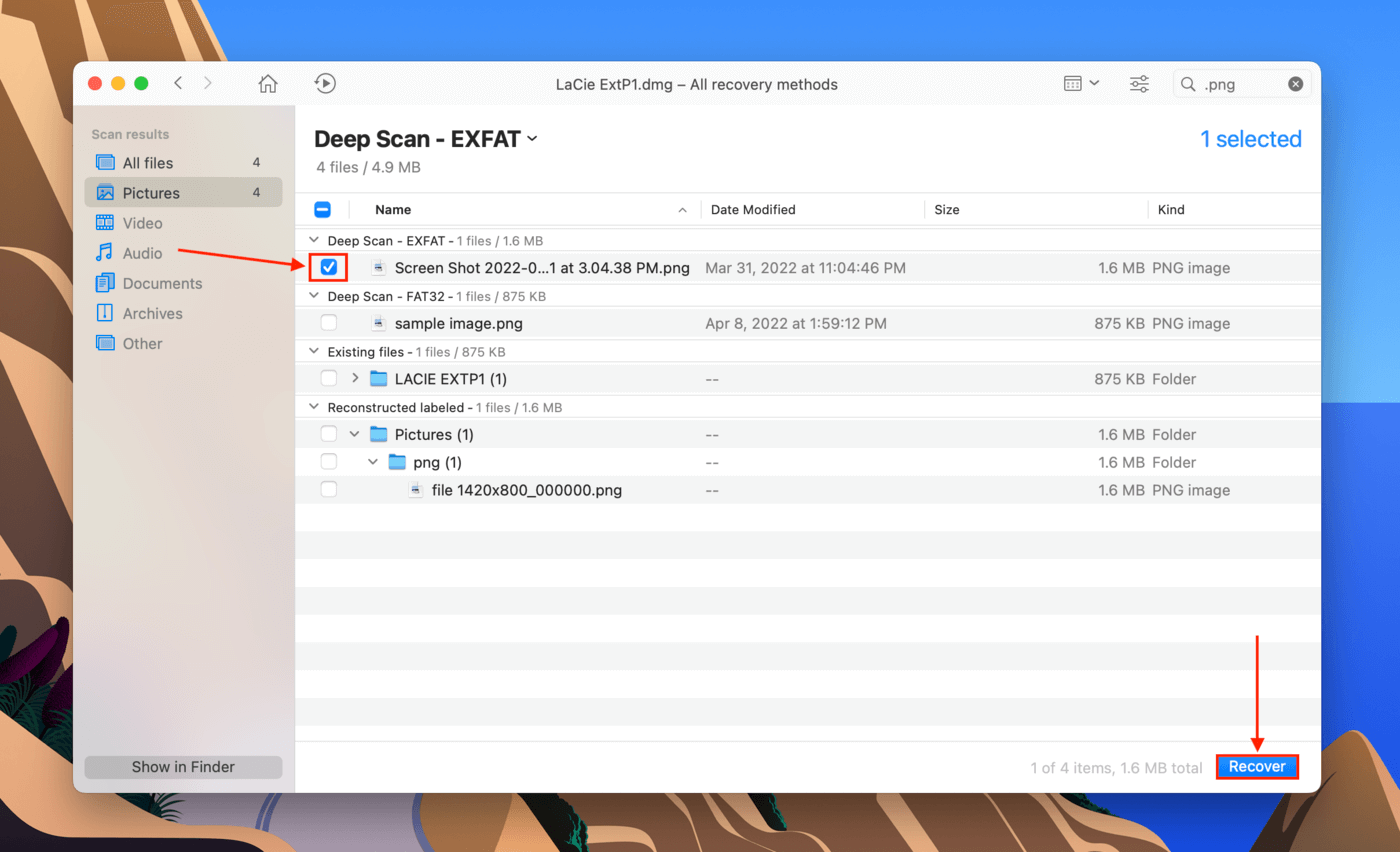 Disk Drill LaCie drive file selection screen