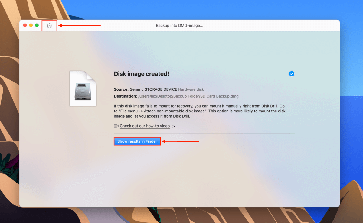 Disk Drill show backup in Finder button