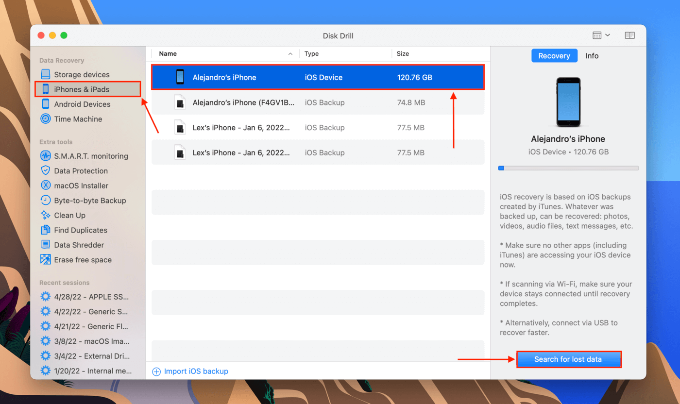 DIsk Drill iPhone and iPad selection screen