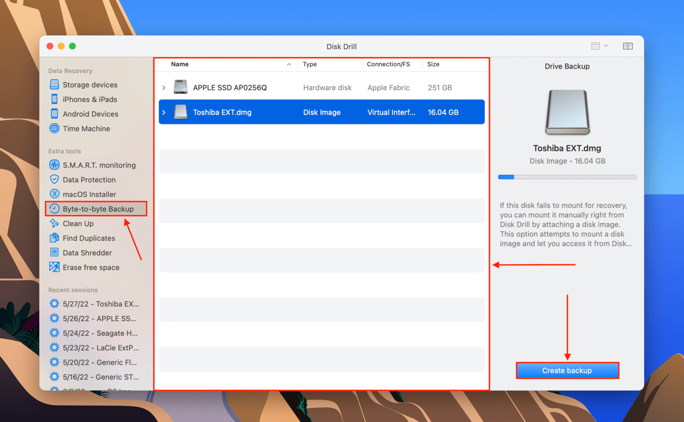 Disk Drill Bye-to-byte backup drive selection screen