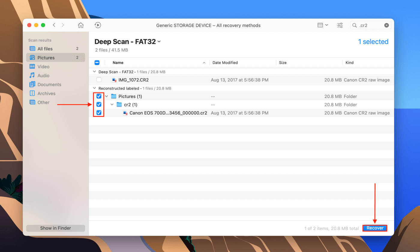 Disk Drill file selection column
