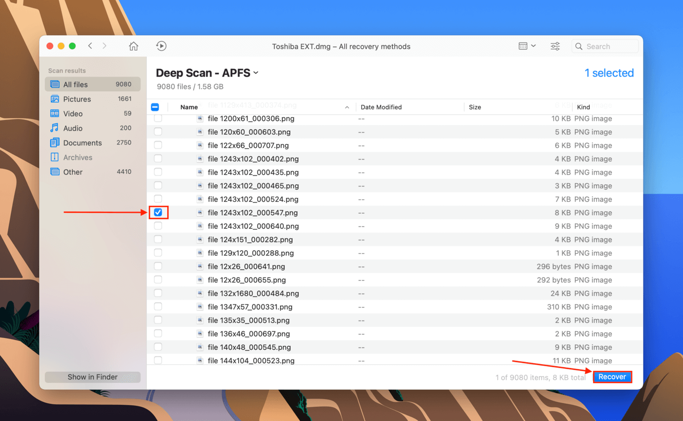 Disk Drill file selection column