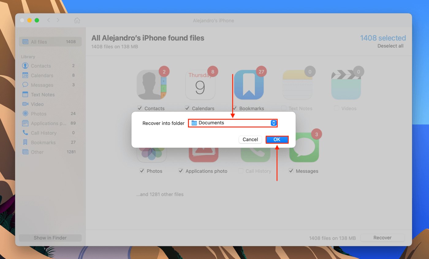 Disk Drill iPhone recovered files destination selection dialogue box