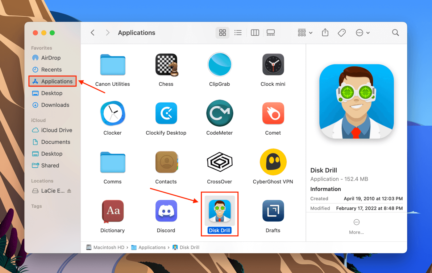 Disk Drill icon in the Finder Applications folder