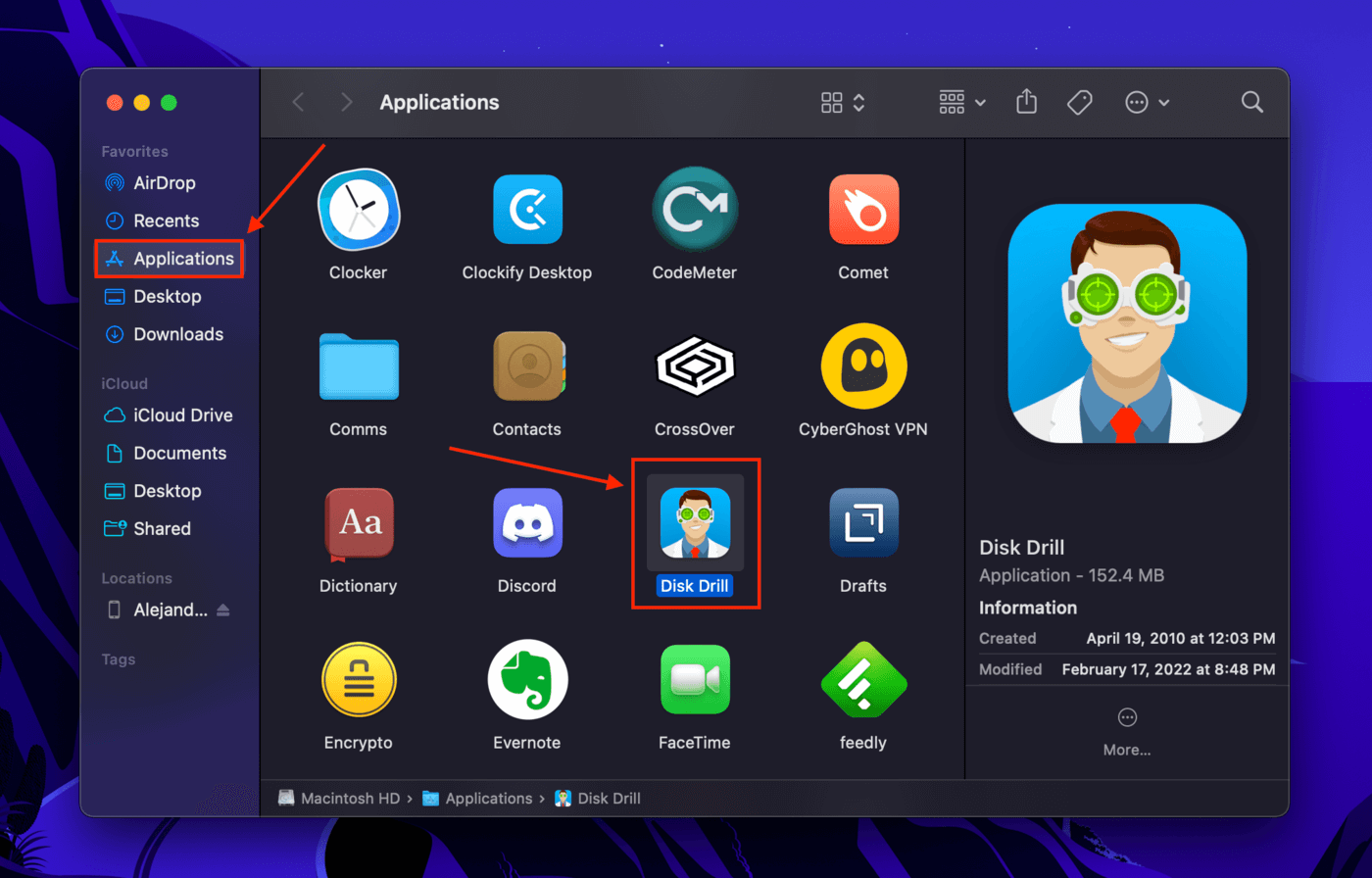 Disk Drill icon in the Finder Applications folder
