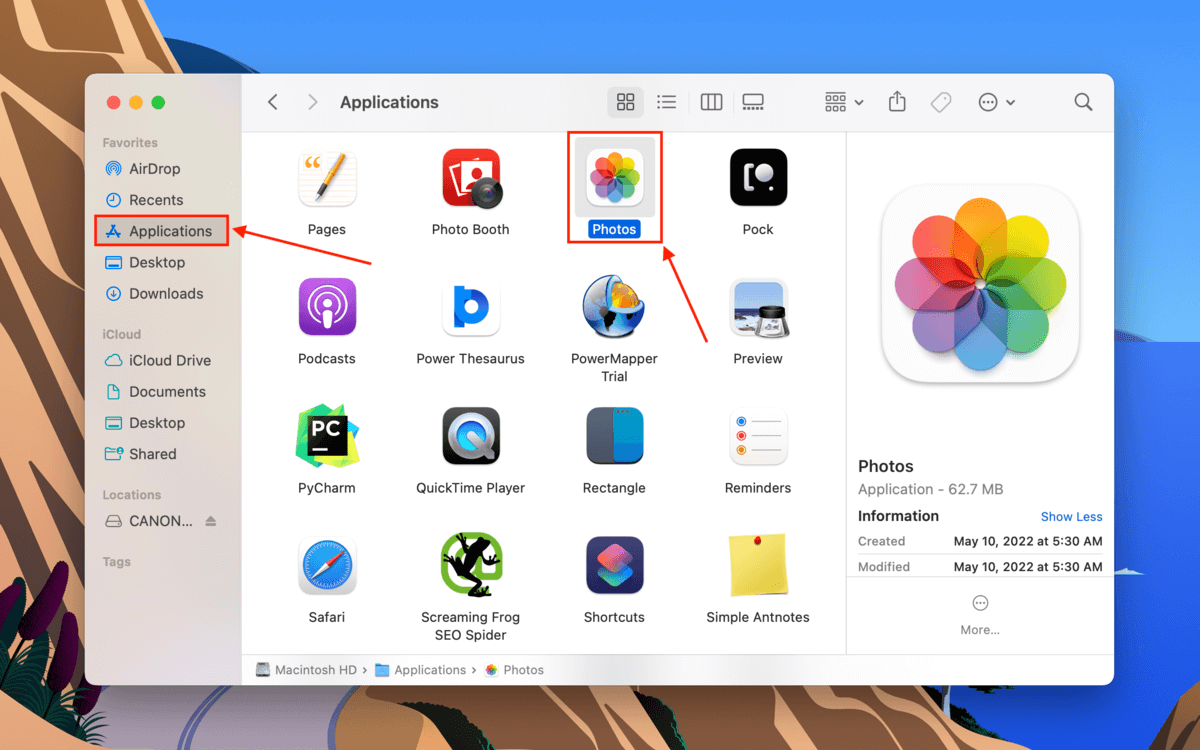 Photos app in the Finder Applications folder