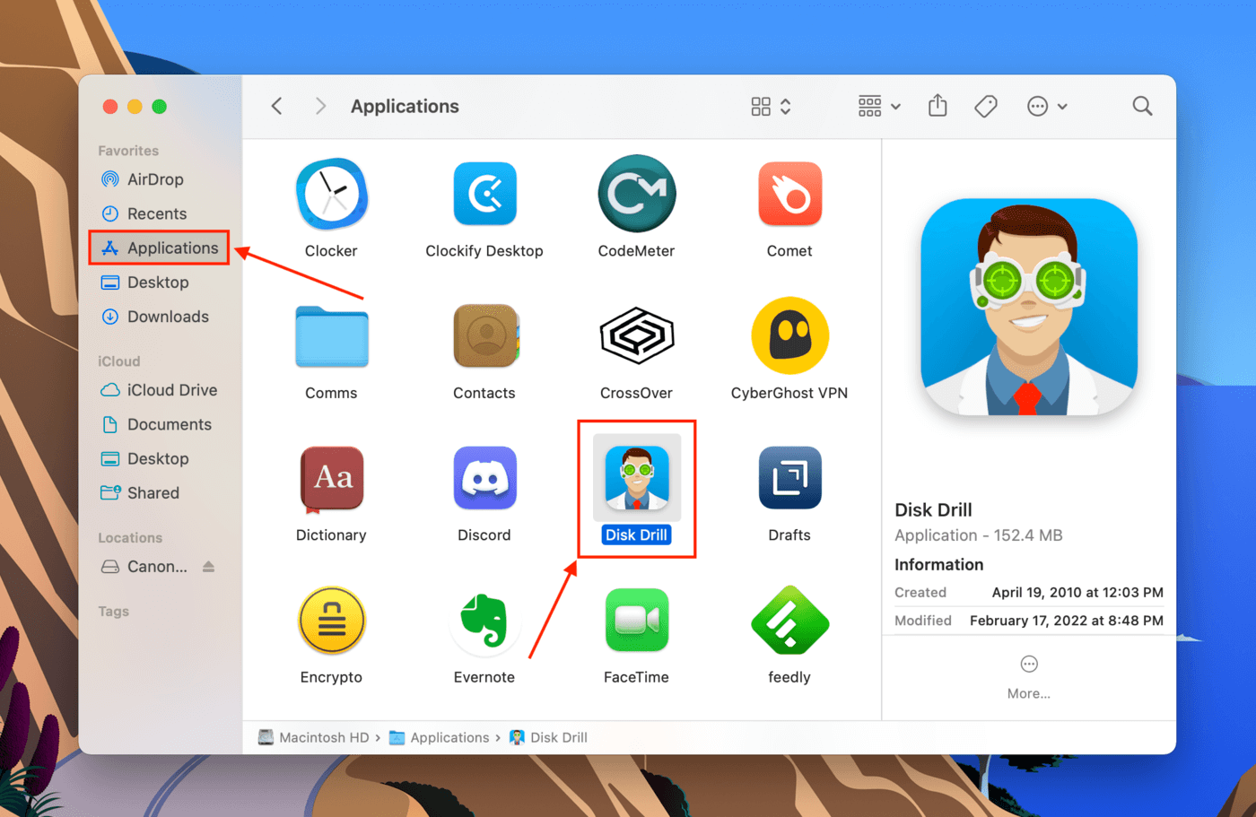 DIsk Drill icon in the Finder Applications folder