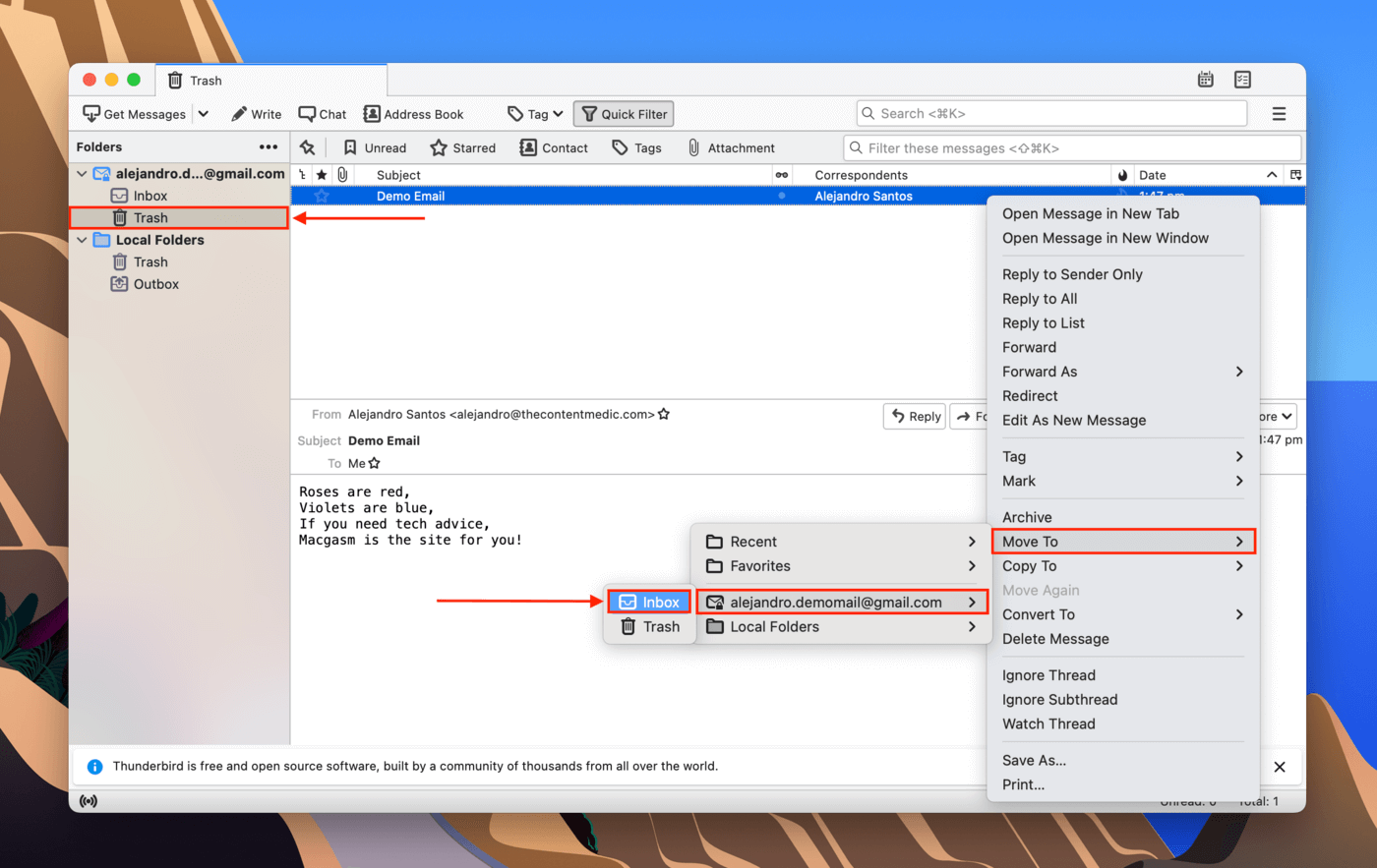 Thunderbird move email command in the Trash folder