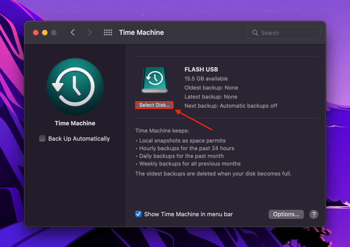 Select Time Machine backup disk button in System Preferences