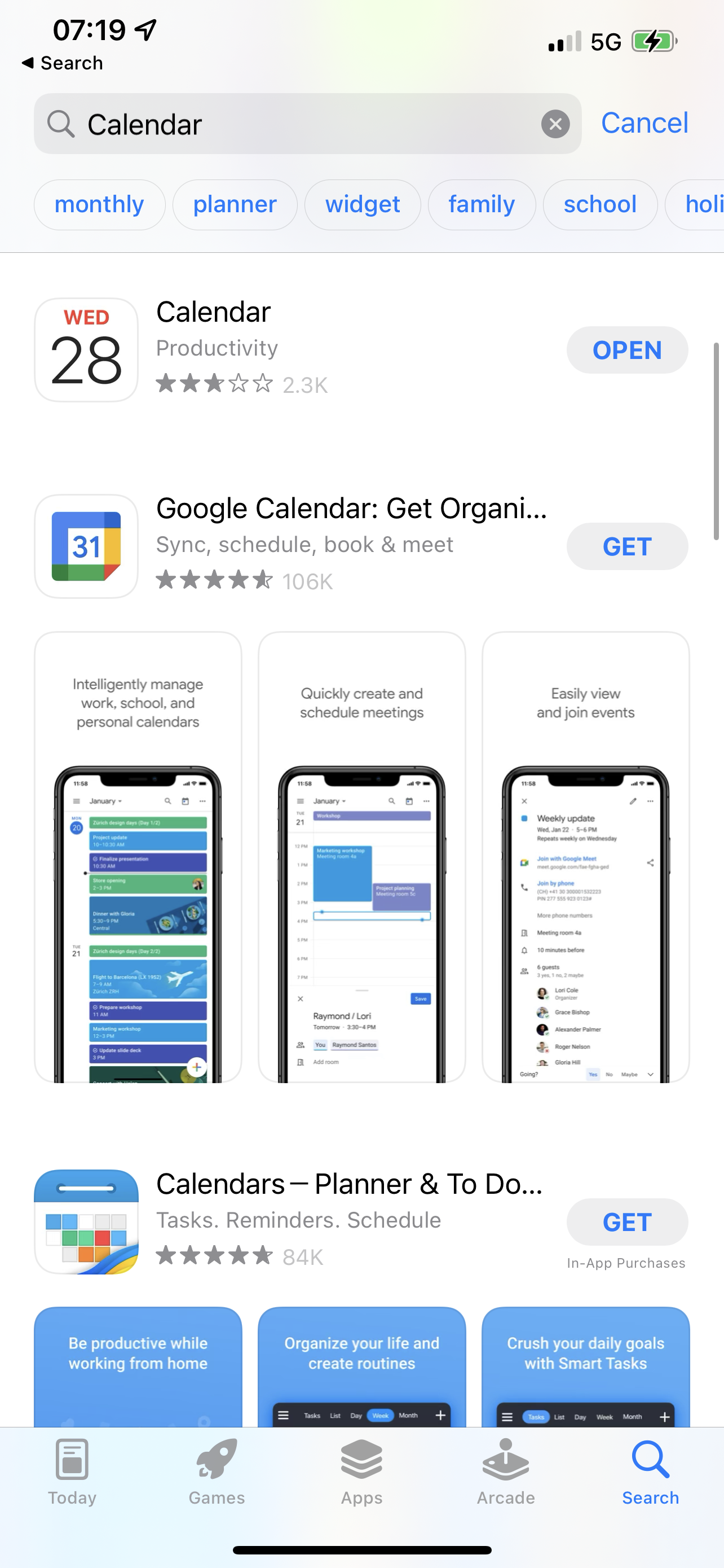 calendar in app store results