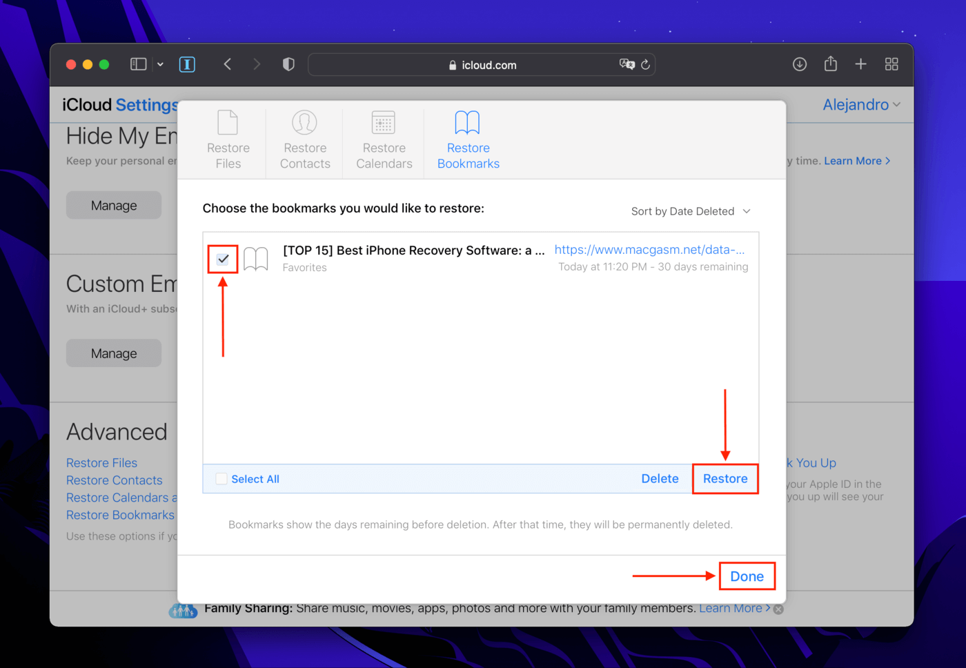 Bookmark recovery selection dialogue box in the iCloud website
