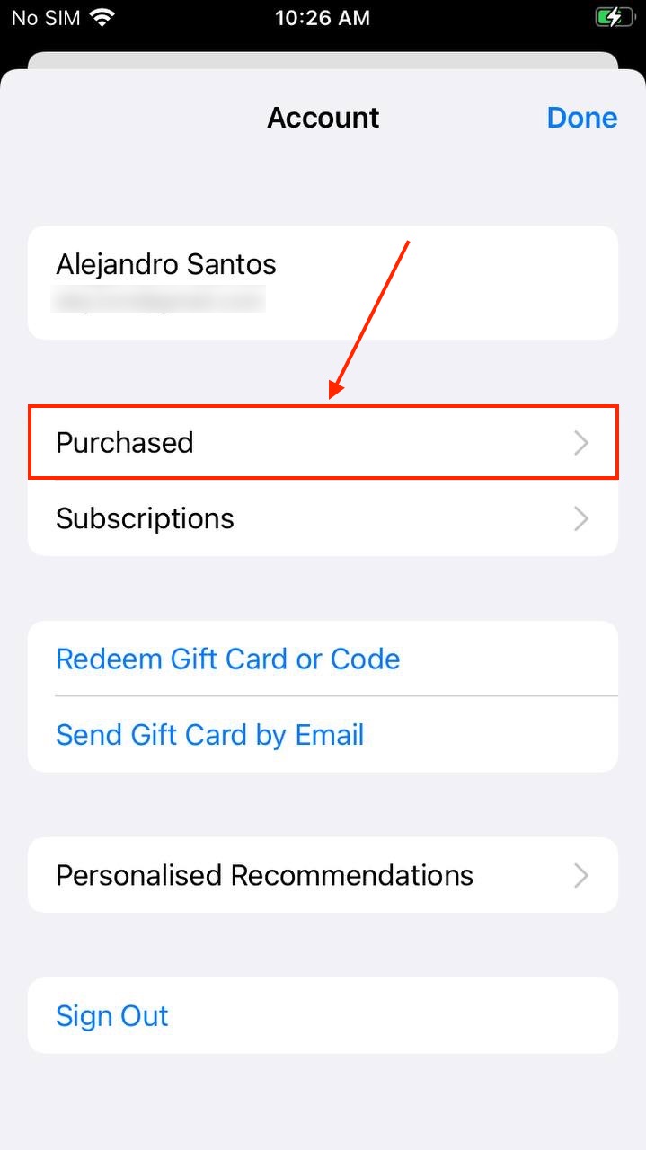 Purchased app button in the App Store's user account settings