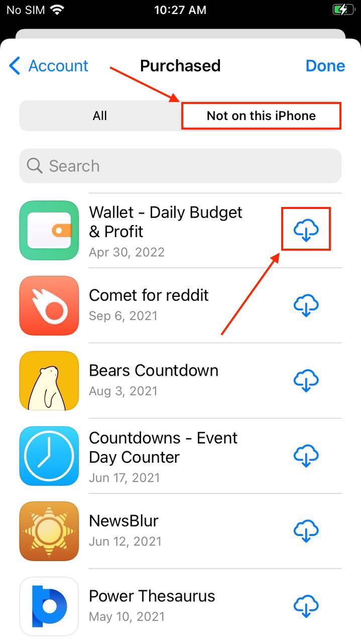 Download button for purchased apps in the App Store