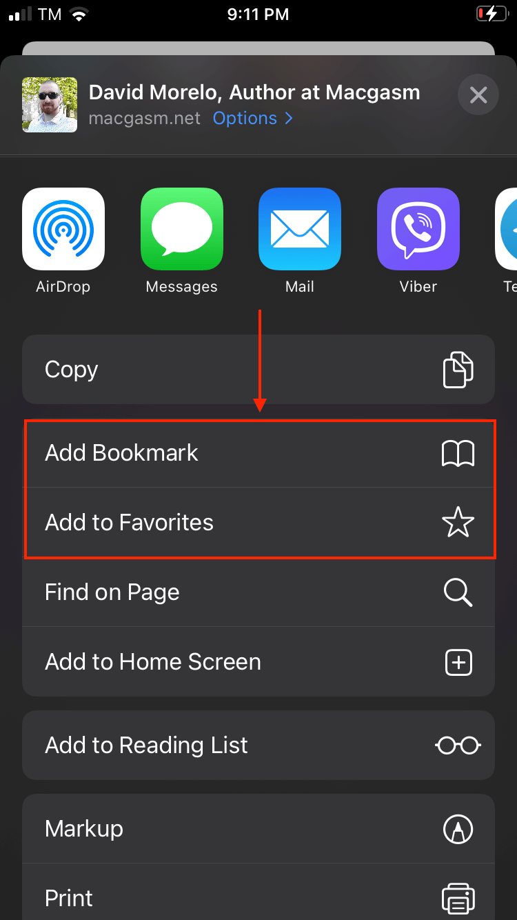 Add to Bookmarks and add to Favorites buttons in the Safari app on iPhone