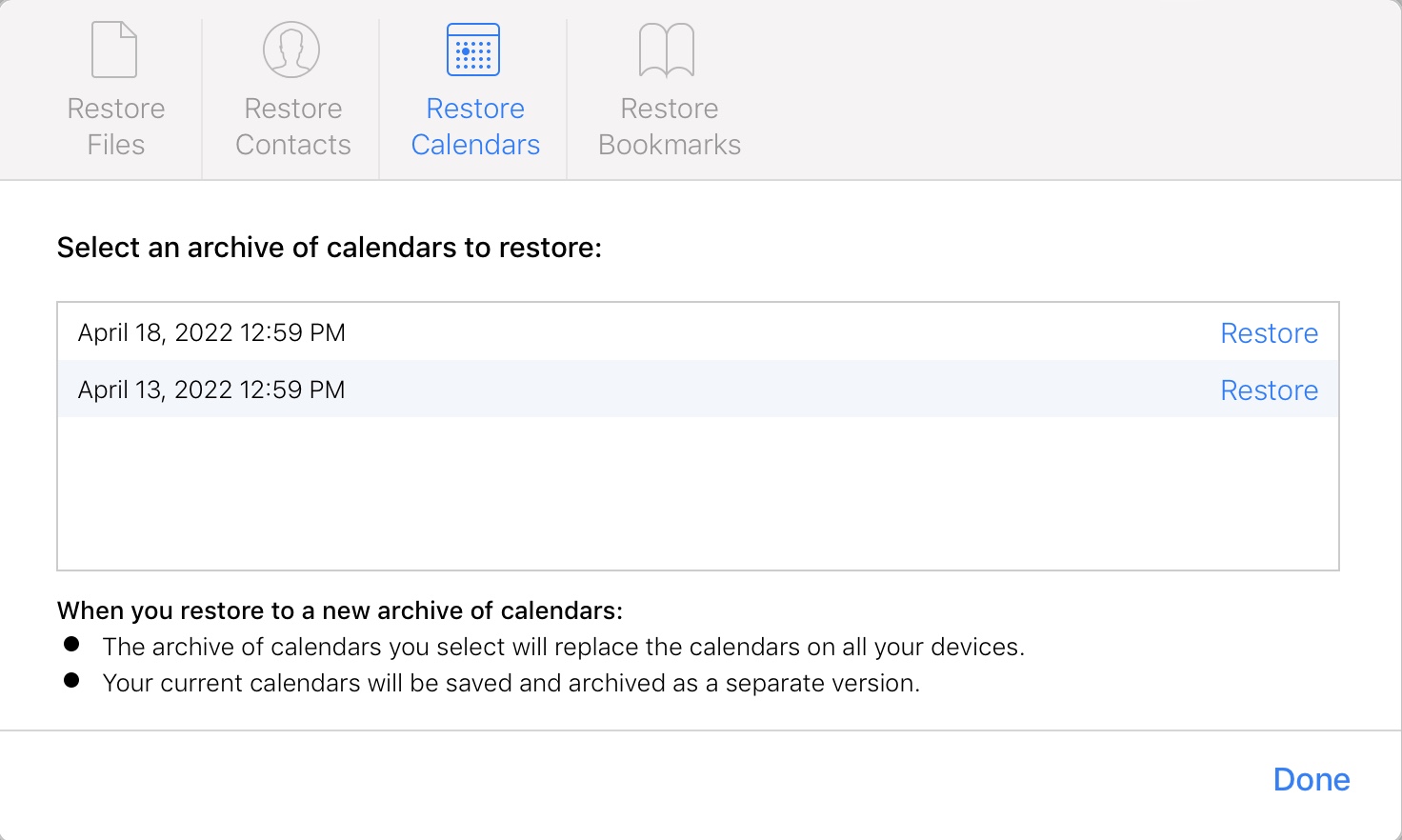 viewing iCloud calendar archives