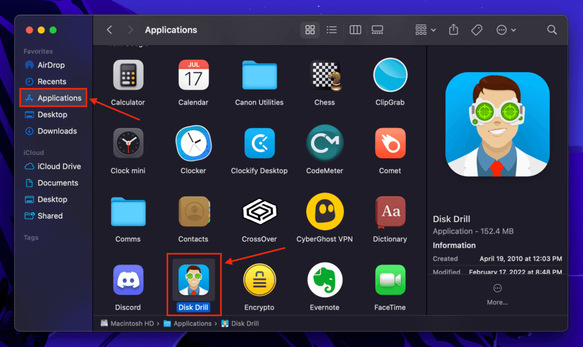 Disk Drill app in the Finder Applications folder
