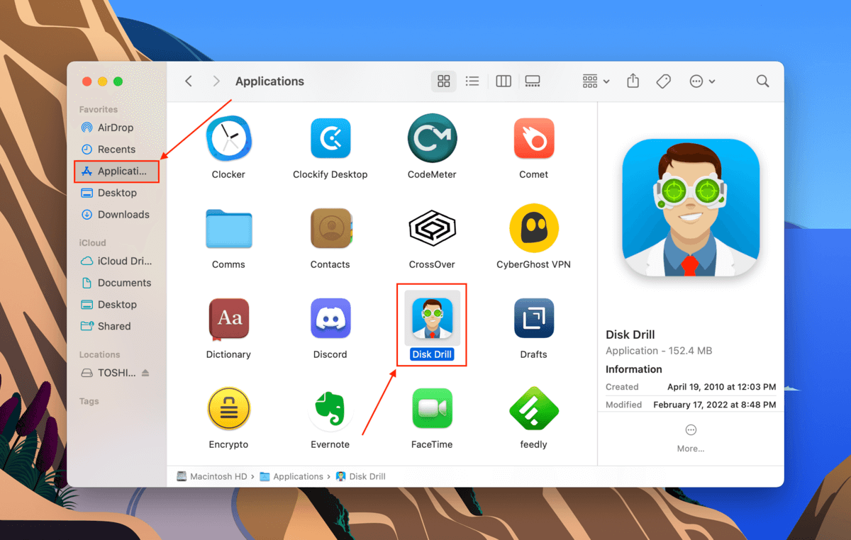 Disk Drill app in the Finder Applications folder