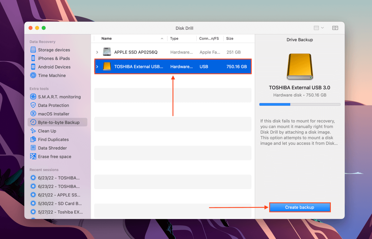 Disk Drill byte-to-byte backup screen