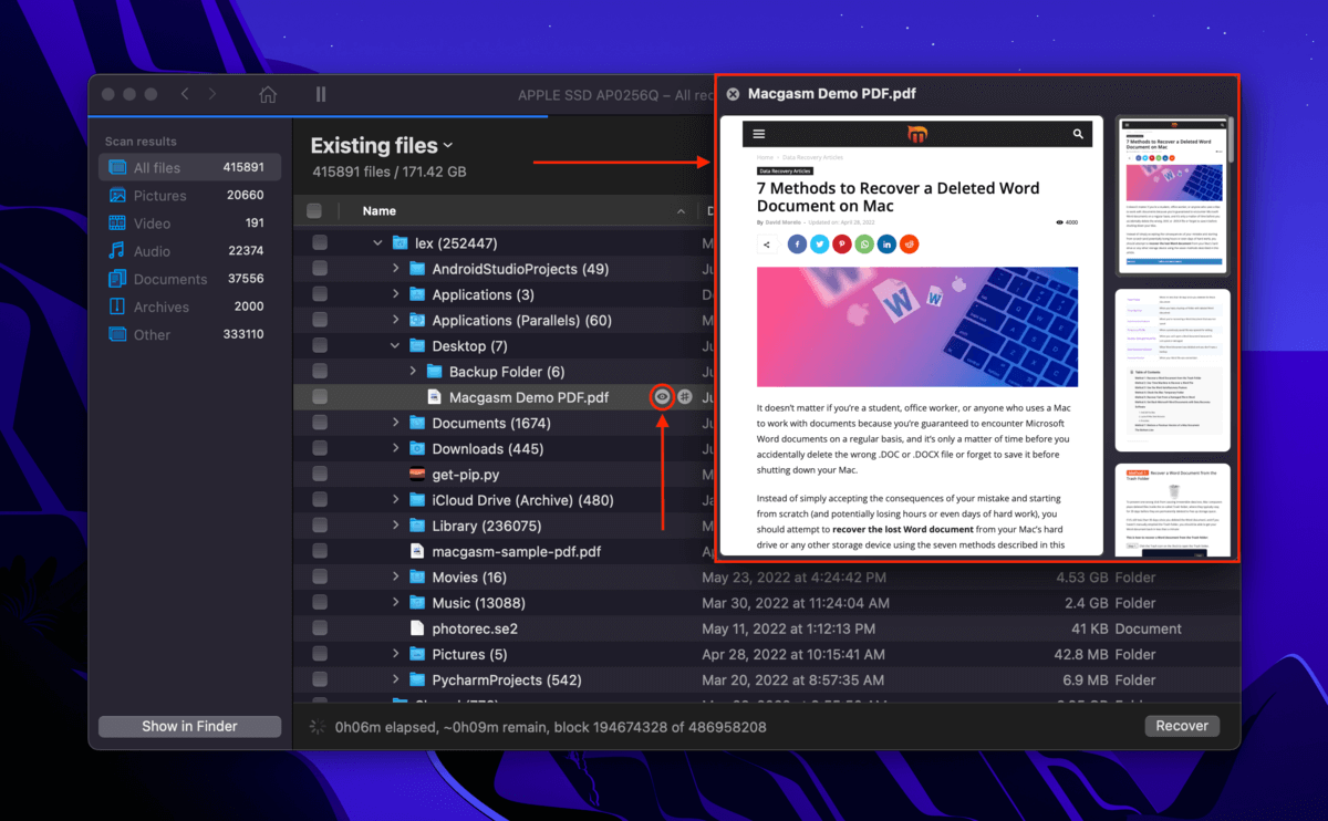 Disk Drill cut file preview demonstration