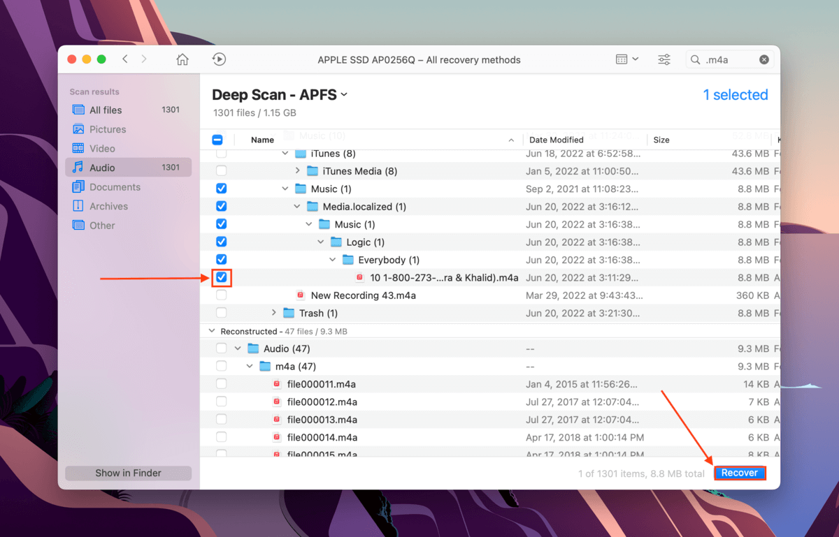 Disk Drill file selection column