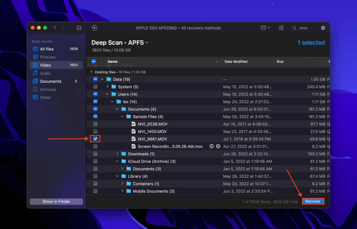 Disk Drill file selection column