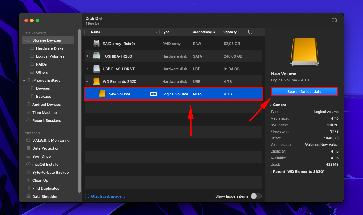 Disk Drill drive selection screen