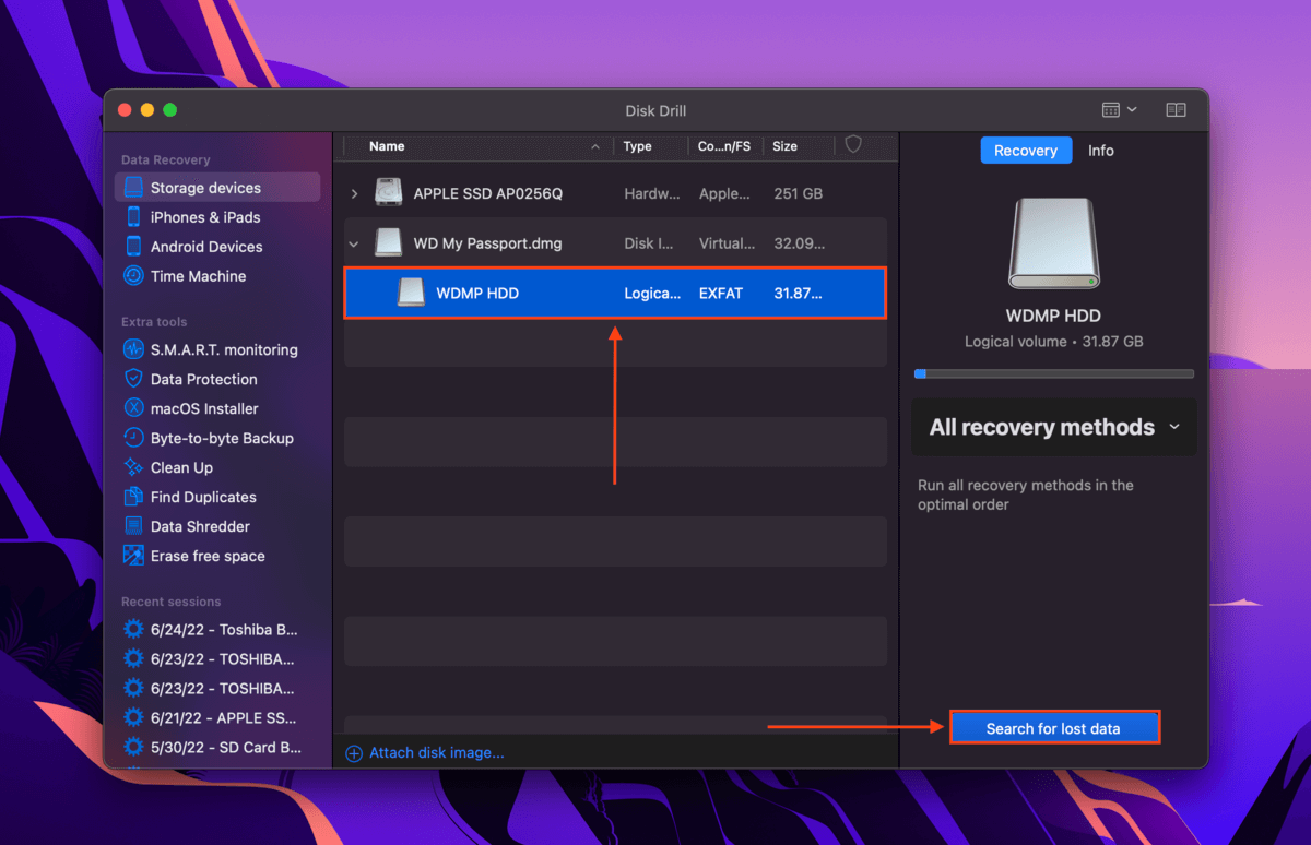 Disk Drill drive selection screen