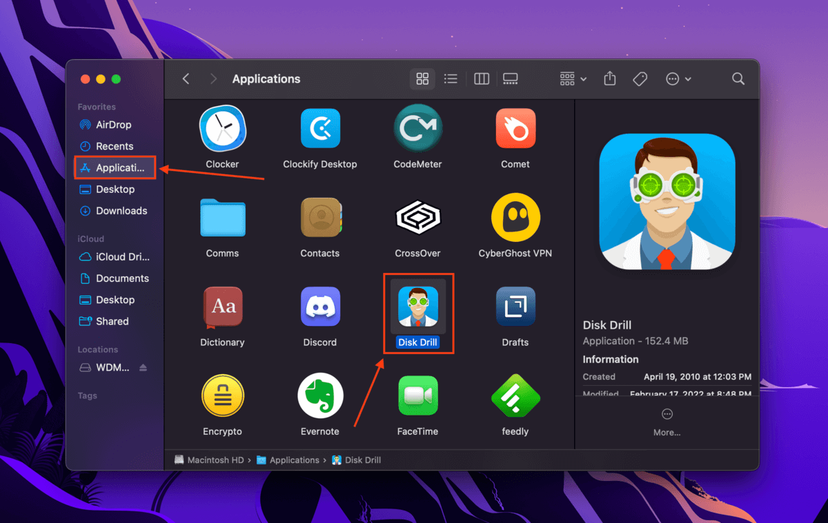 Disk Drill app in the Finder Applications window