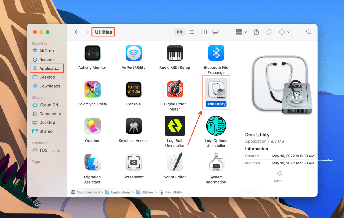 Disk Utility app in the Finder Applications folder