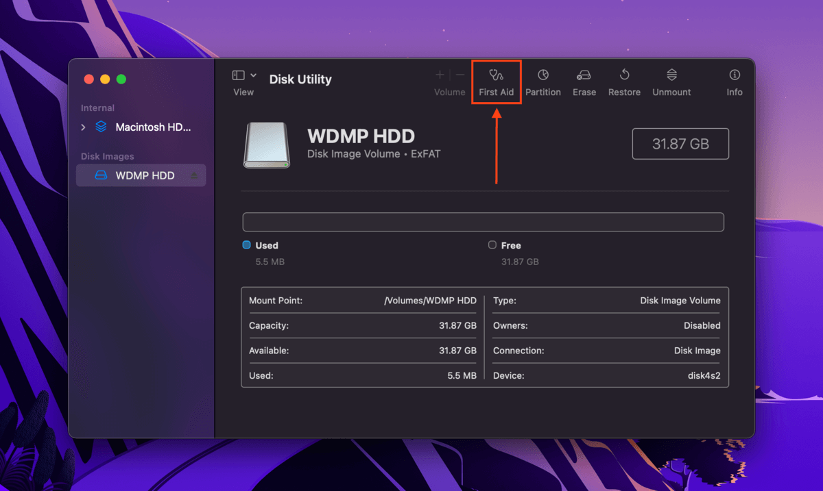 First Aid button in the Disk Utility window