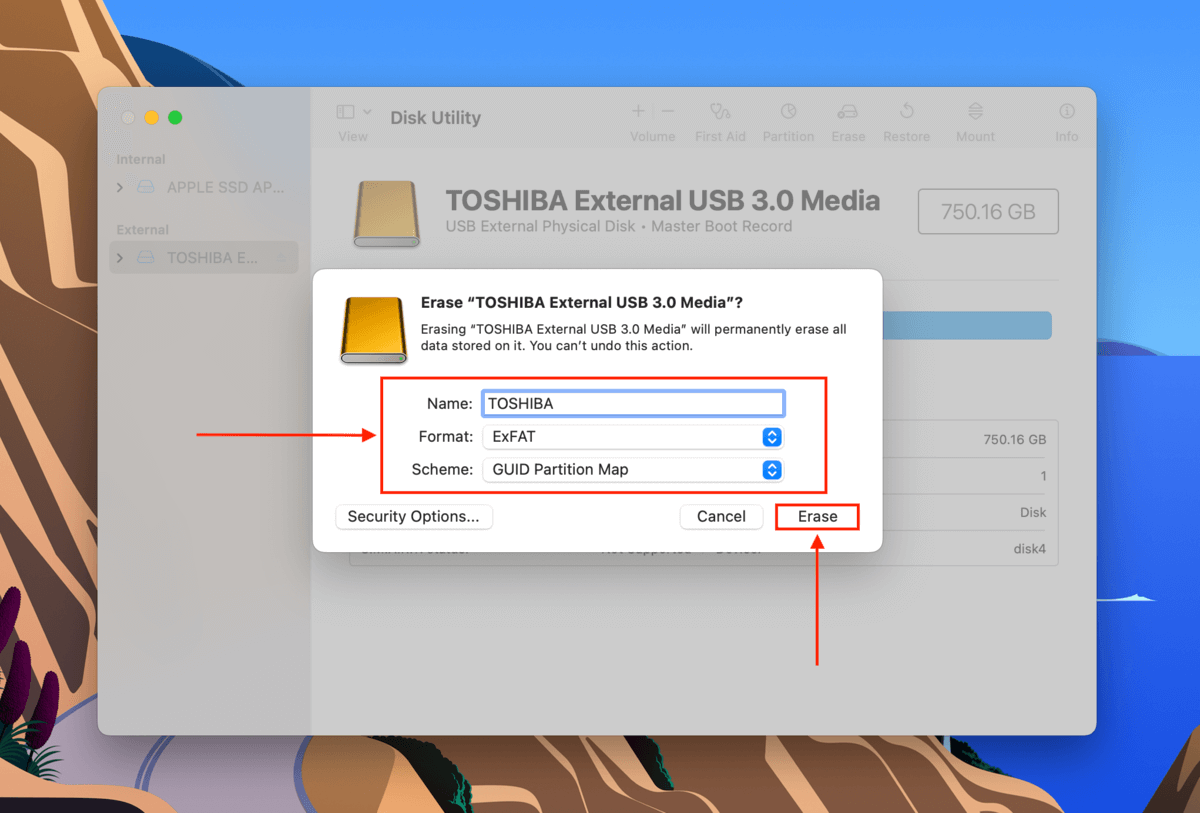 Format settings in Disk Utility