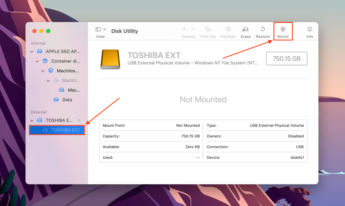 Mount button in Disk Utility