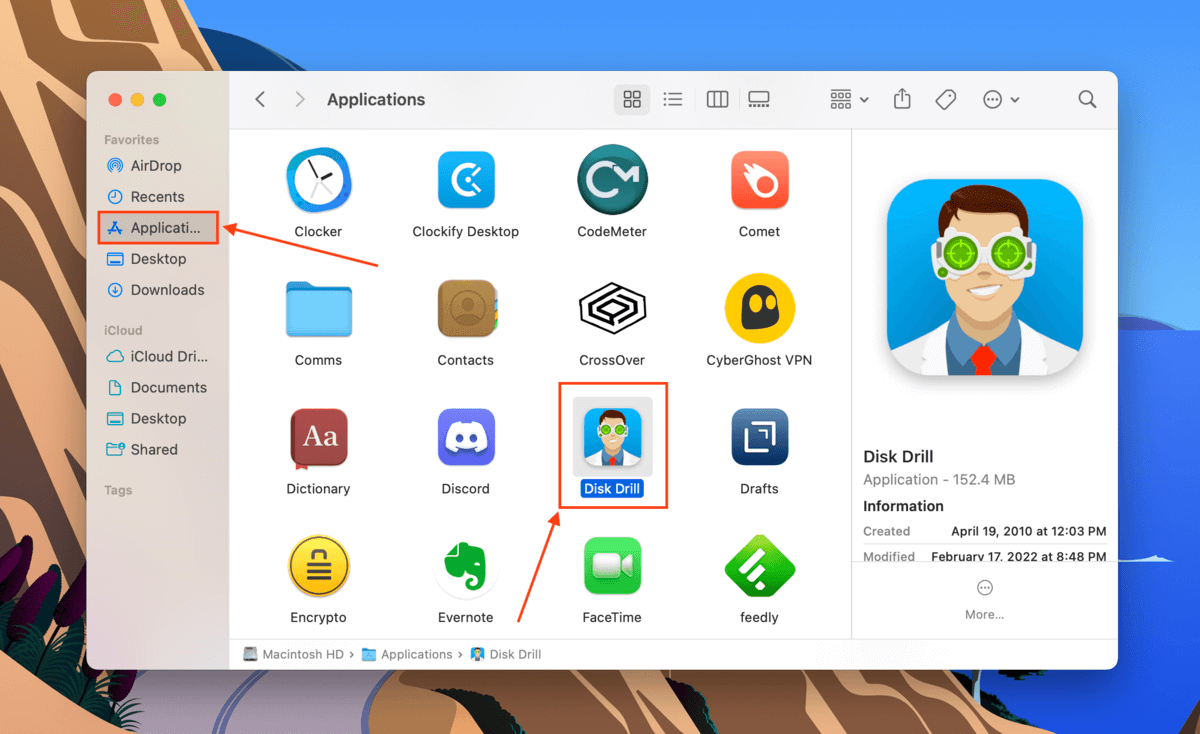 Disk Drill app in the Finder Applications folder