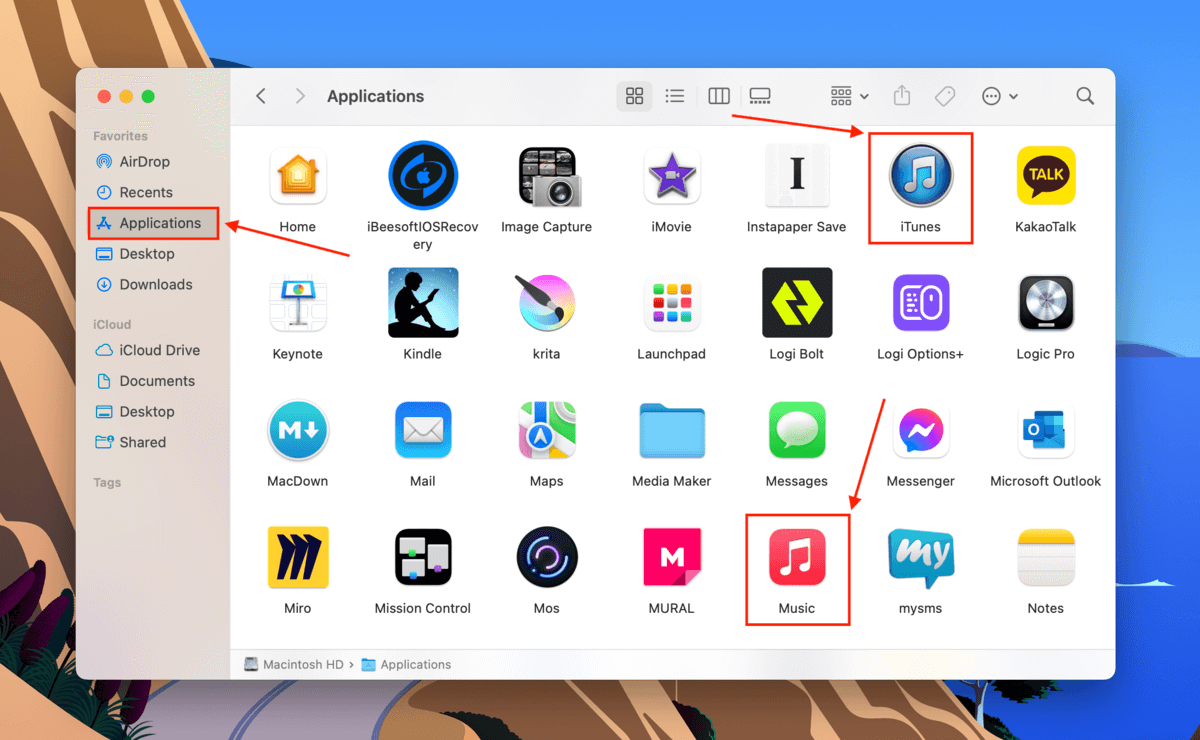 iTunes and Music apps in the Finder Applications icon