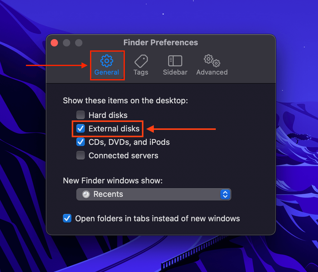 General tab in the Finder Preferences window