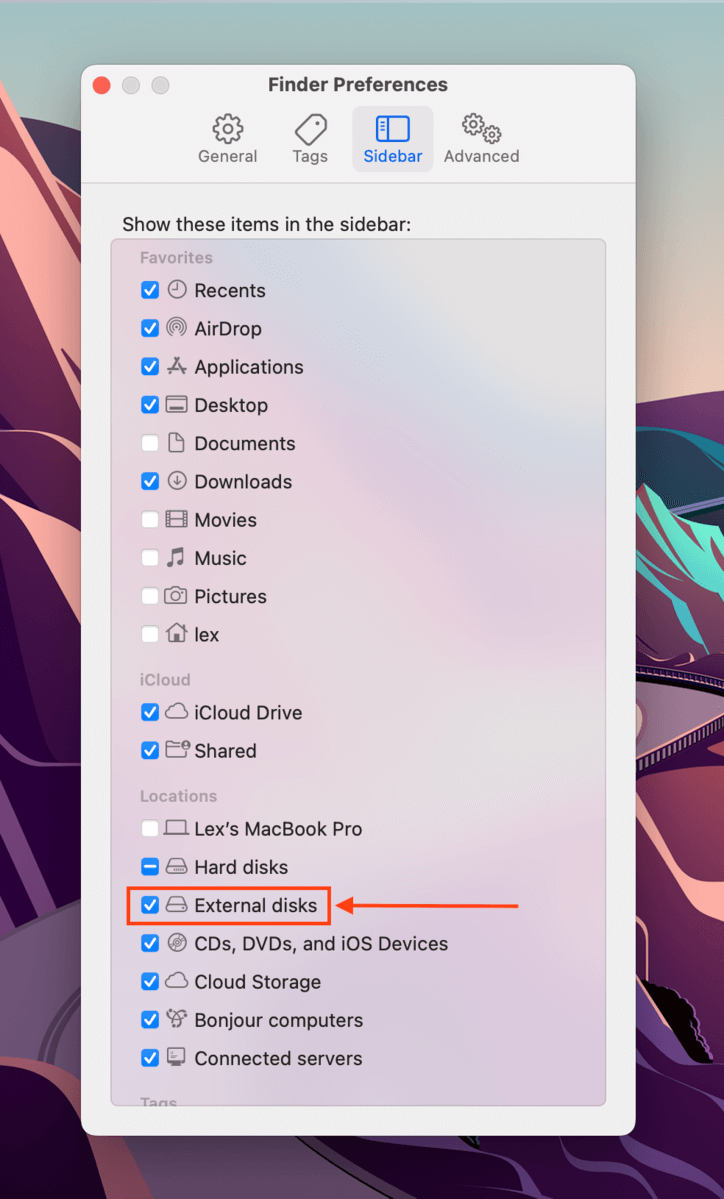 Sidebar tab in the Finder Preferences window