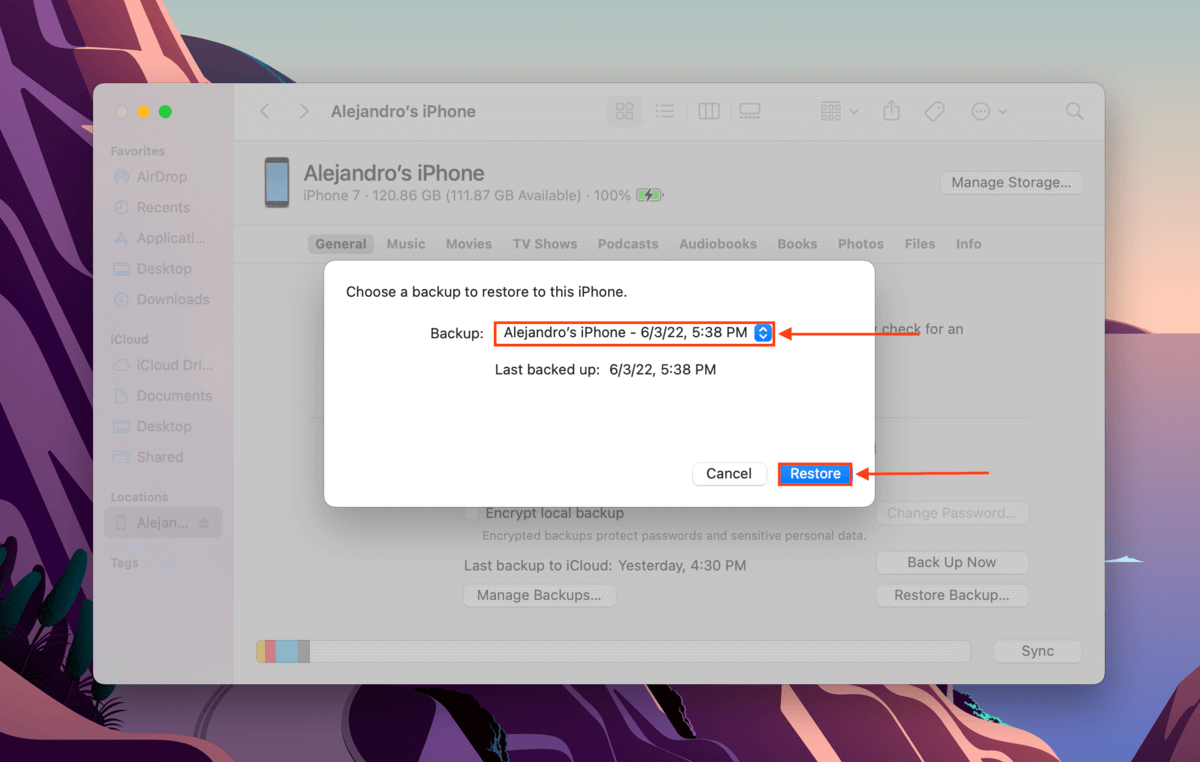 Restore Backup dialogue for iPhone in Finder