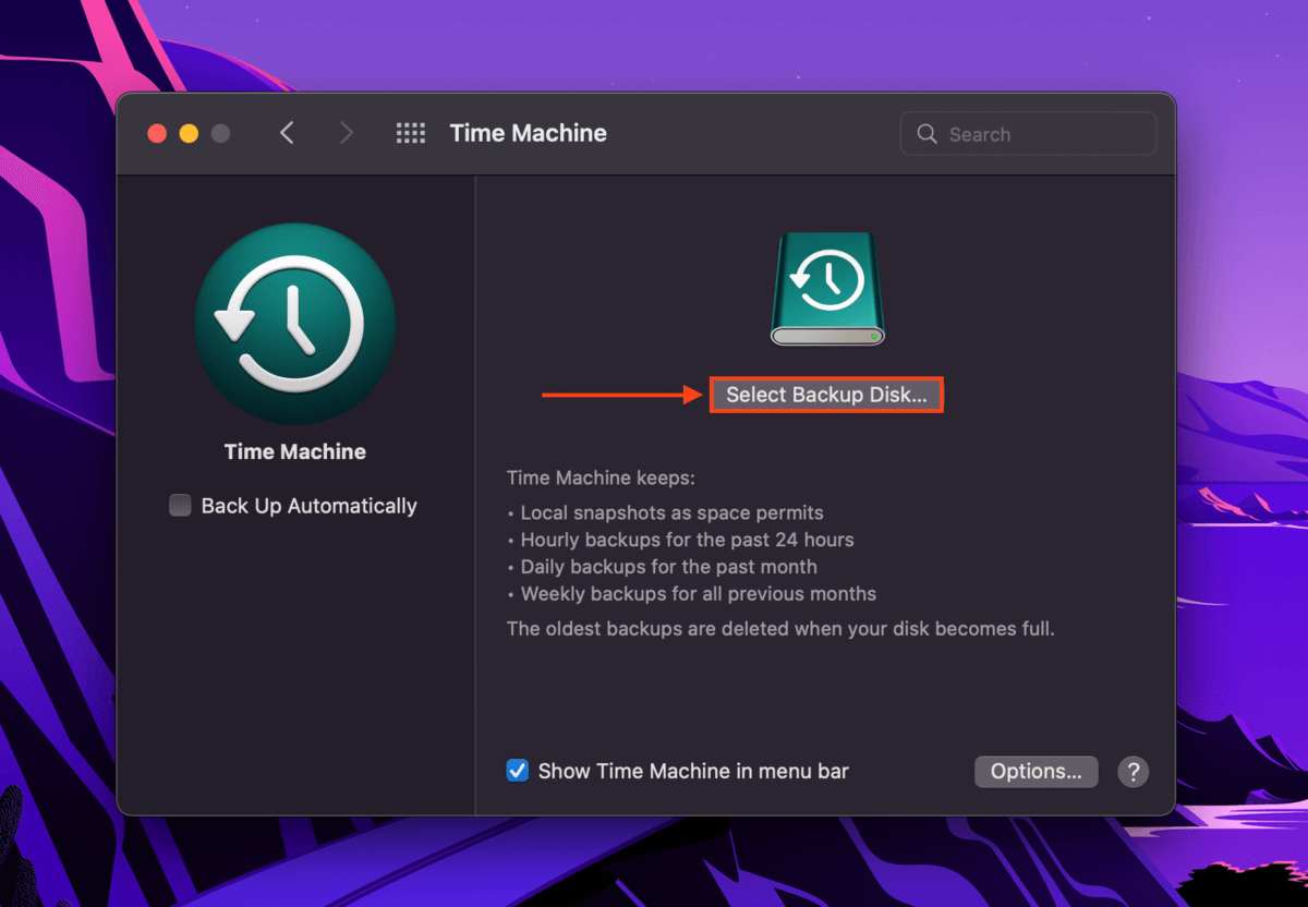 Select Disk button in the Time Machine settings window