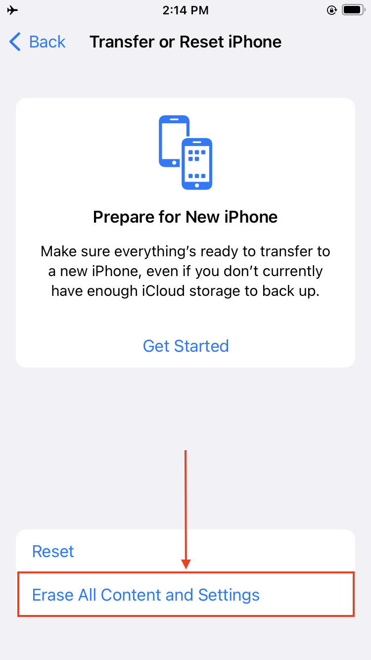 Erase All Content and Settings button on iPhone