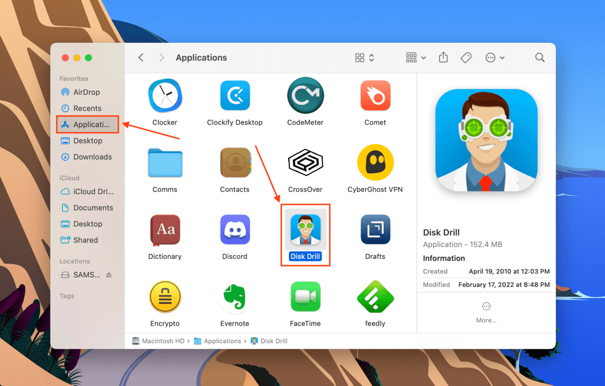 Disk Drill app icon selected in Finder