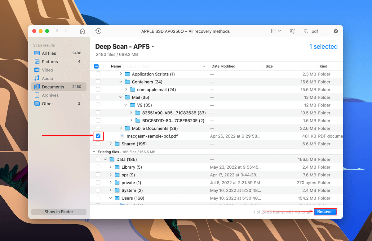 Recover button in Disk Drill scan results window
