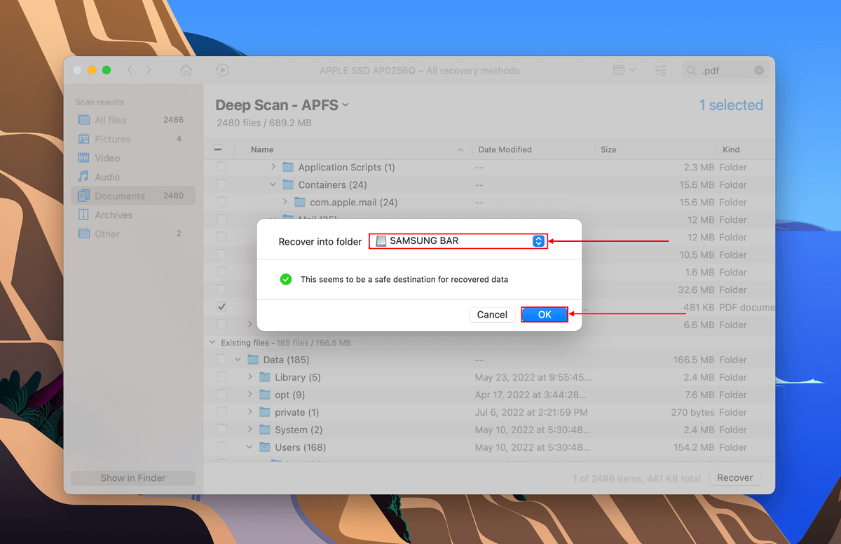 Option to choose destination folder in Disk Drill dialogue box